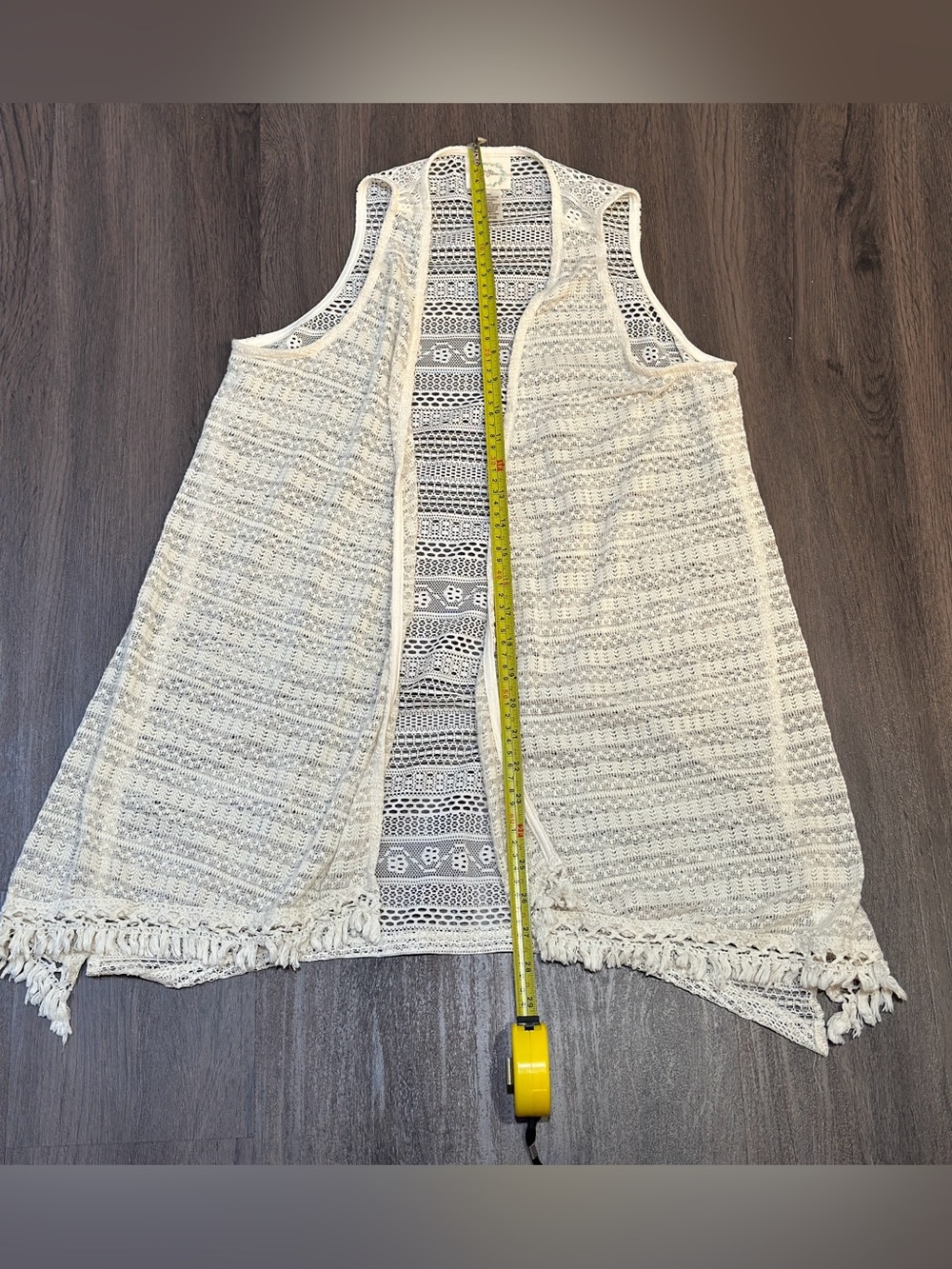 Boho Fringe Crochet Lace Vest Large Ivory Open Front Festival Style - Picture 7 of 10